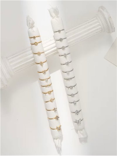 Conjunto de 12 anillos con circonitas - Acero inoxidable - Expositor incluido
