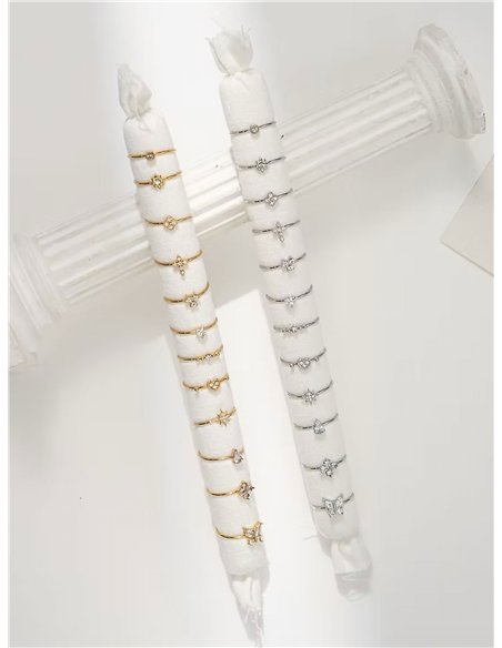 Conjunto de 12 anillos con circonitas - Acero inoxidable - Expositor incluido