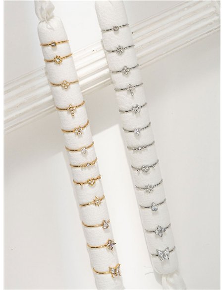 Conjunto de 12 anillos con circonitas - Acero inoxidable - Expositor incluido