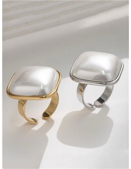Anillo cuadrado perla - Acero inoxidable