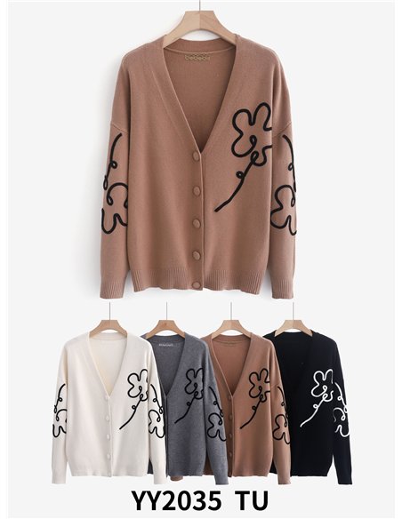 Chaqueta punto bordado floral relieve