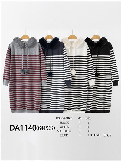 Vestido punto rayas capucha pelo 2