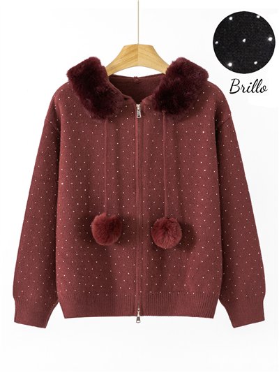 Sudadera punto capucha cremallera strass pelo