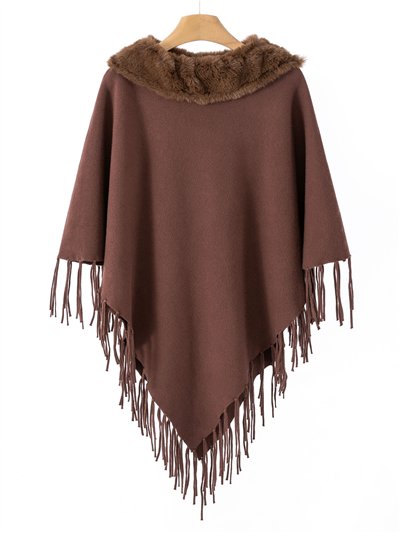Poncho punto cuello pelo flecos