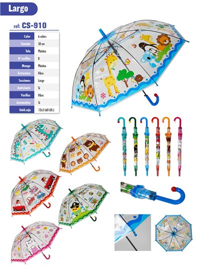 Paraguas largo infantil transparente animales automático