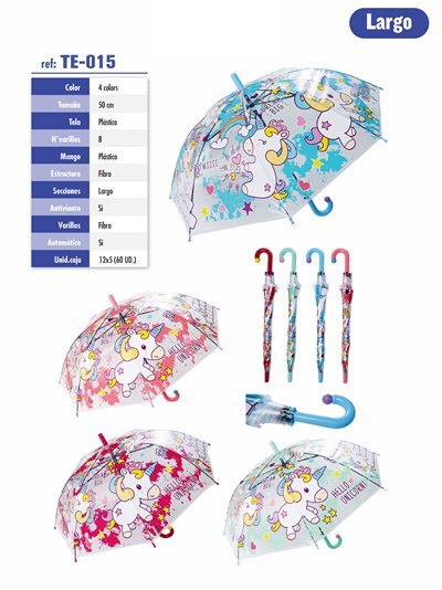 Paraguas largo infantil transparente unicornio automático