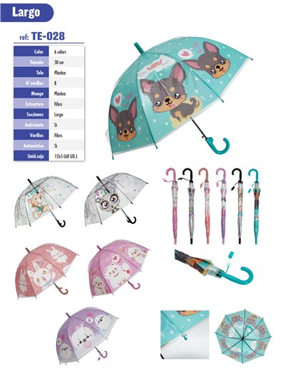 Paraguas largo infantil transparente mascotas automático