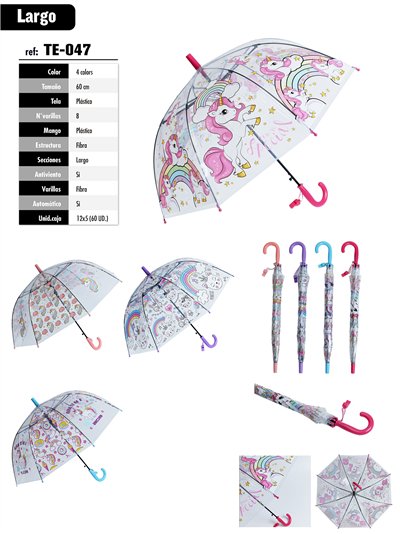Paraguas largo infantil transparente unicornio automático