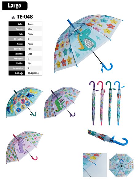 Paraguas largo infantil transparente dinosaurios automático
