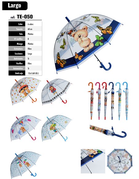 Paraguas largo infantil transparente ositos automático