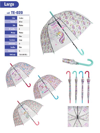 Paraguas largo transparente unicornio automático