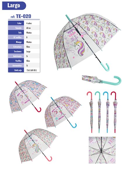 Paraguas largo transparente unicornio automático