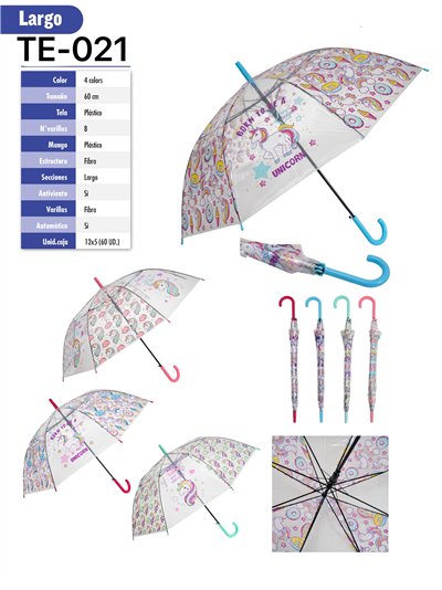 Paraguas largo transparente unicornio automático