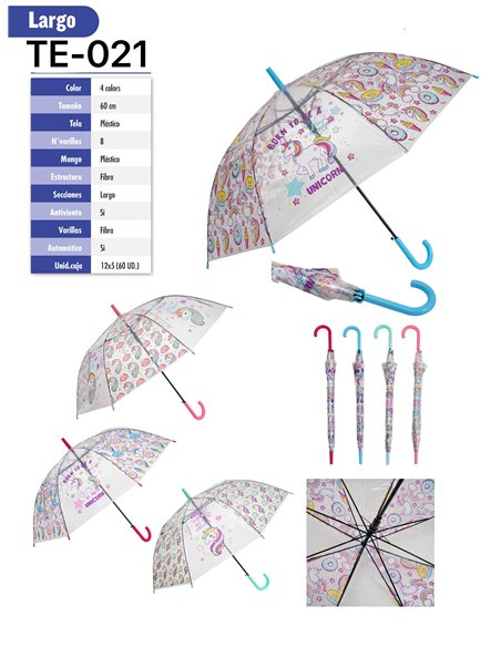 Paraguas largo transparente unicornio automático