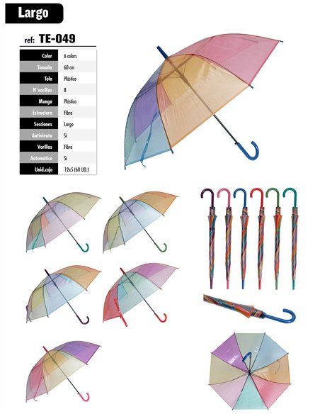 Paraguas largo transparente paneles multicolor automático