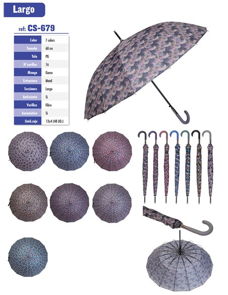 Paraguas largo hojas multicolor automático 16 varillas