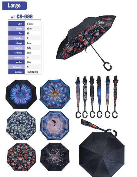 Paraguas largo invertido automático flores