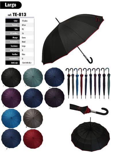 Paraguas largo automático 16 varillas ribete en contraste