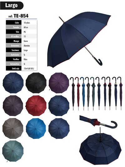 Paraguas largo automático aluminio color liso 12 varillas
