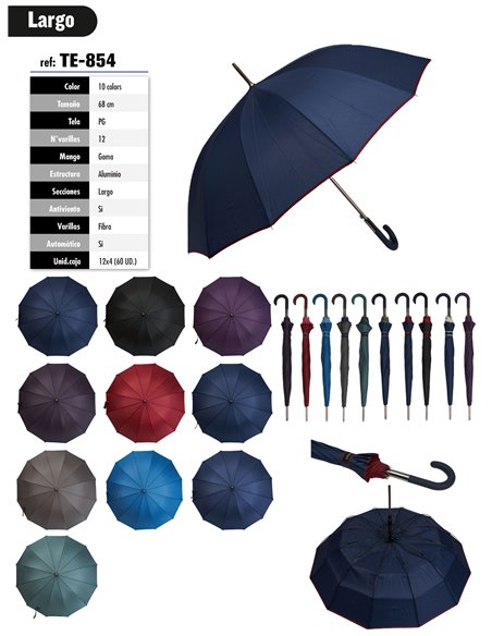Paraguas largo automático aluminio color liso 12 varillas