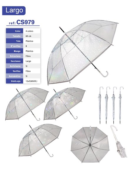 Paraguas largo automático transparente holográfico