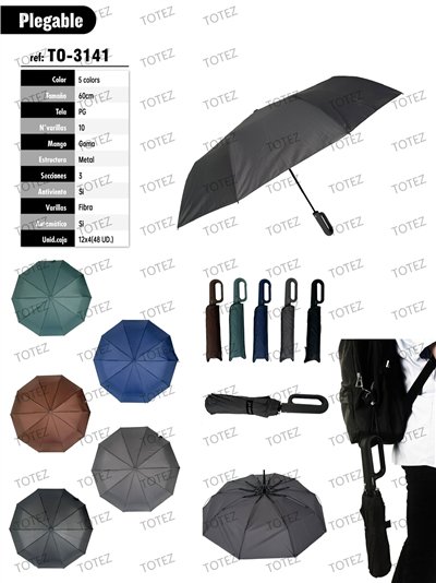 Paraguas plegable automático mango mosquetón colores