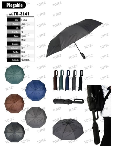 Paraguas plegable automático mango mosquetón colores