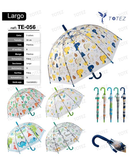 Paraguas largo infantil automático transparente animales