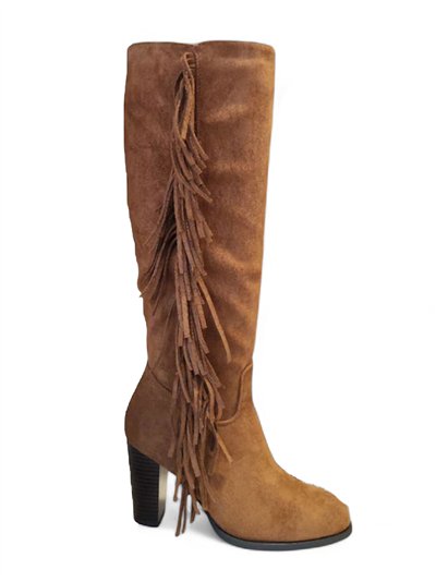 Bota alta efecto ante flecos y tacón alto