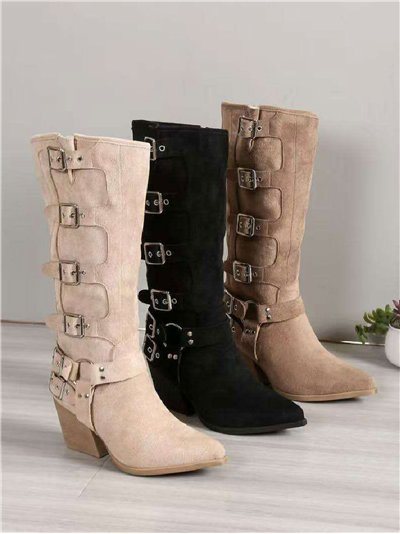 Bota cowboy alta efecto ante con hebillas