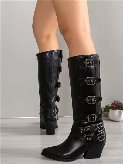Bota cowboy alta con hebillas