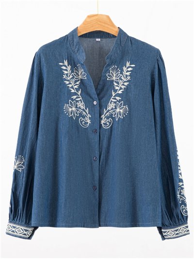 Camisa símil denim bordada floral