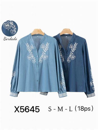 Camisa símil denim bordada floral 2