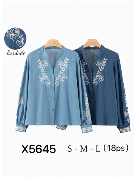 Camisa símil denim bordada floral