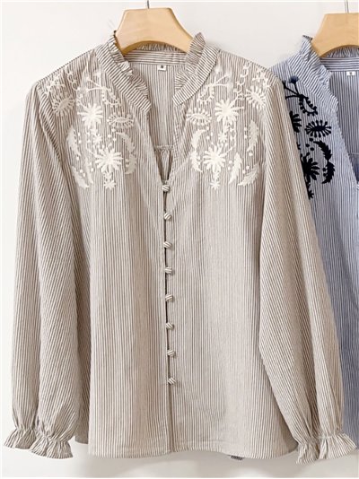 Camisa rayas bordada cuello pico