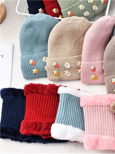 Conjunto Gorro infantil punto con frutas +  Cuello pelo