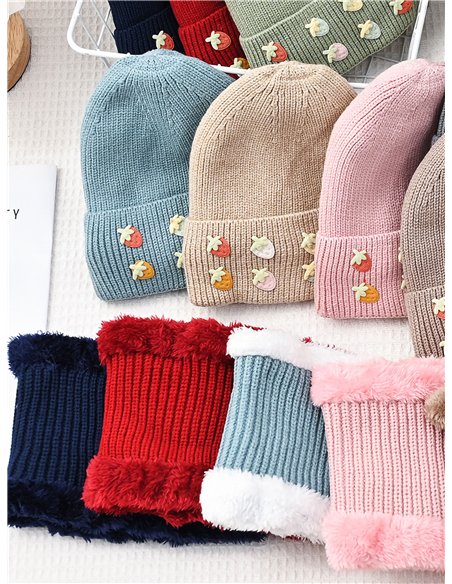 Conjunto Gorro infantil punto con frutas +  Cuello pelo