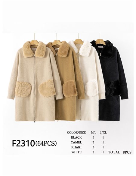 Abrigo largo punto con bolsillos de pelo