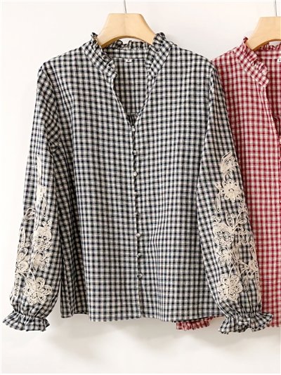 Camisa cuadros manga bordada