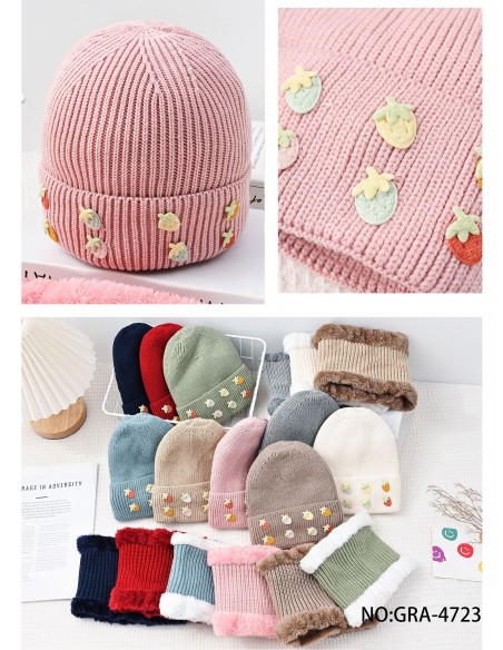 Conjunto Gorro infantil punto con frutas +  Cuello pelo
