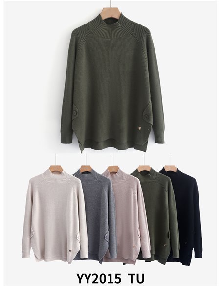 Jersey canalé cuello perkins con botones laterales