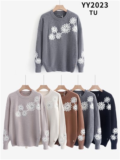 Jersey de punto con flores bordadas 2