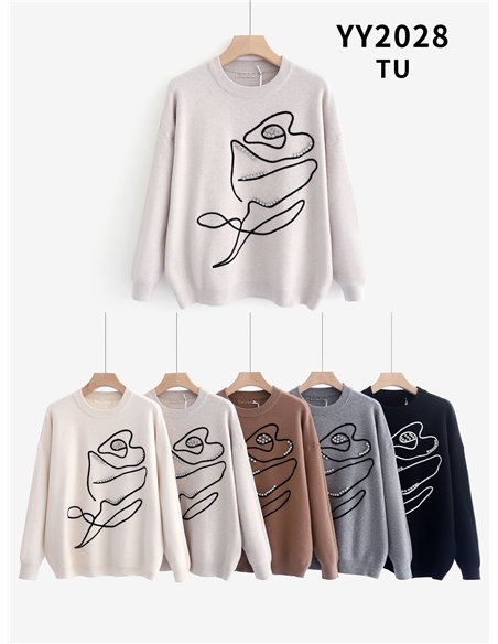 Jersey de punto rosa bordada con pedrería