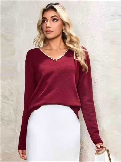 V‑neck sweater with pearl beads