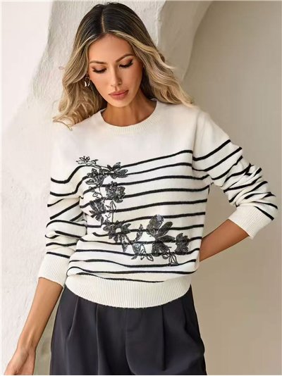 Jersey rayas flores bordada con lentejuelas