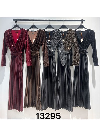 Vestido largo de fiesta lentejuelas con falda plisada