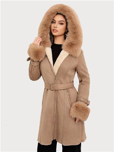 Abrigo largo efecto ante capucha con pelo