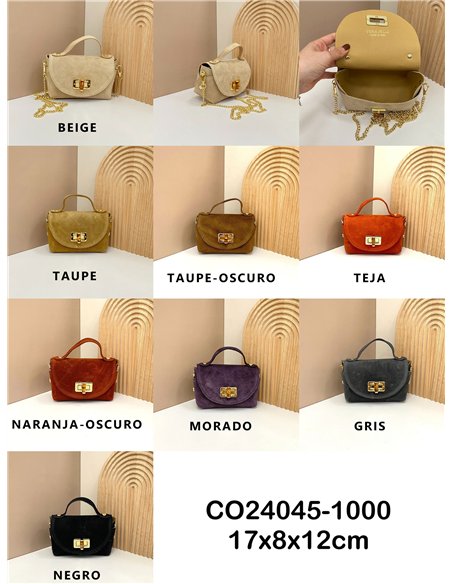 Bolso mini de mano piel serraje cierre giratorio