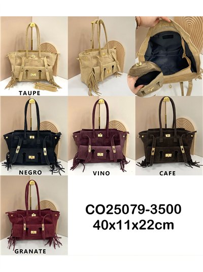 Bolso tote piel serraje con solapa y flecos