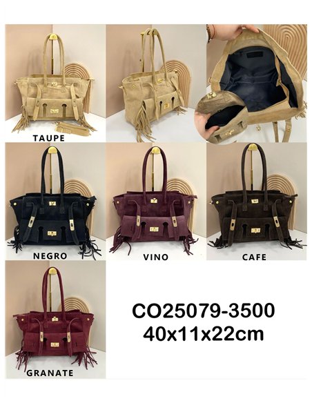 Bolso tote piel serraje con solapa y flecos